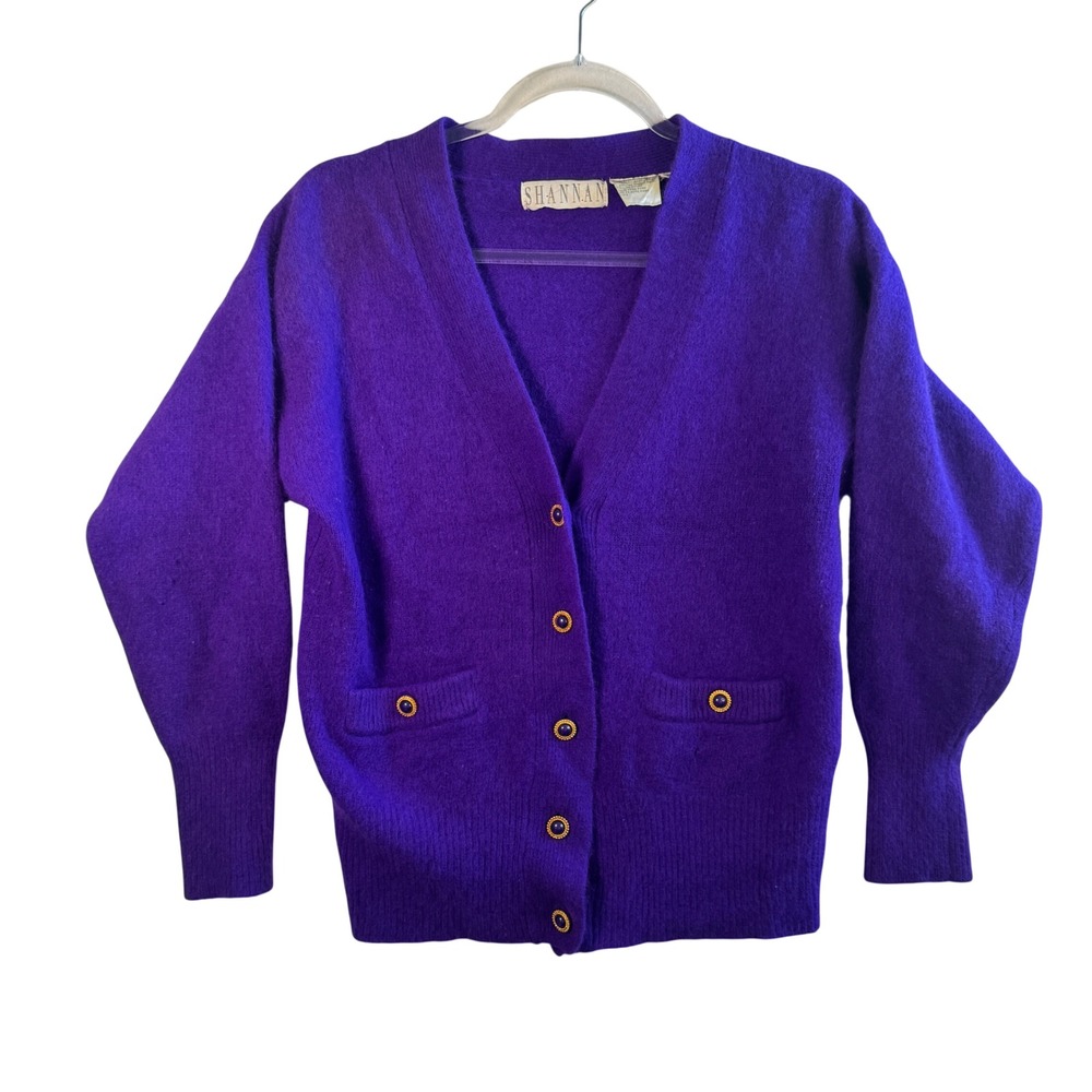 Shannan Vtg Angora Lambswool Cardigan Sweater Purple Fuzzy Button Front M Luxe
